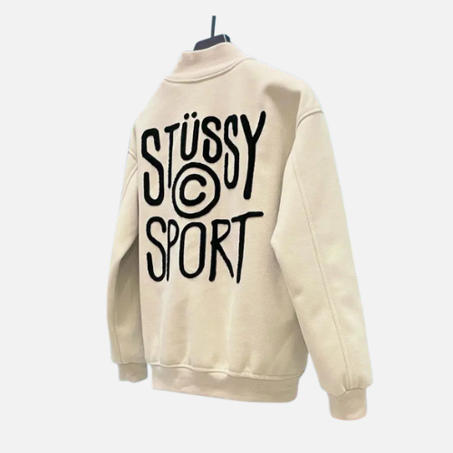 Stussy Sport Melton Varsity Jacket Cream White