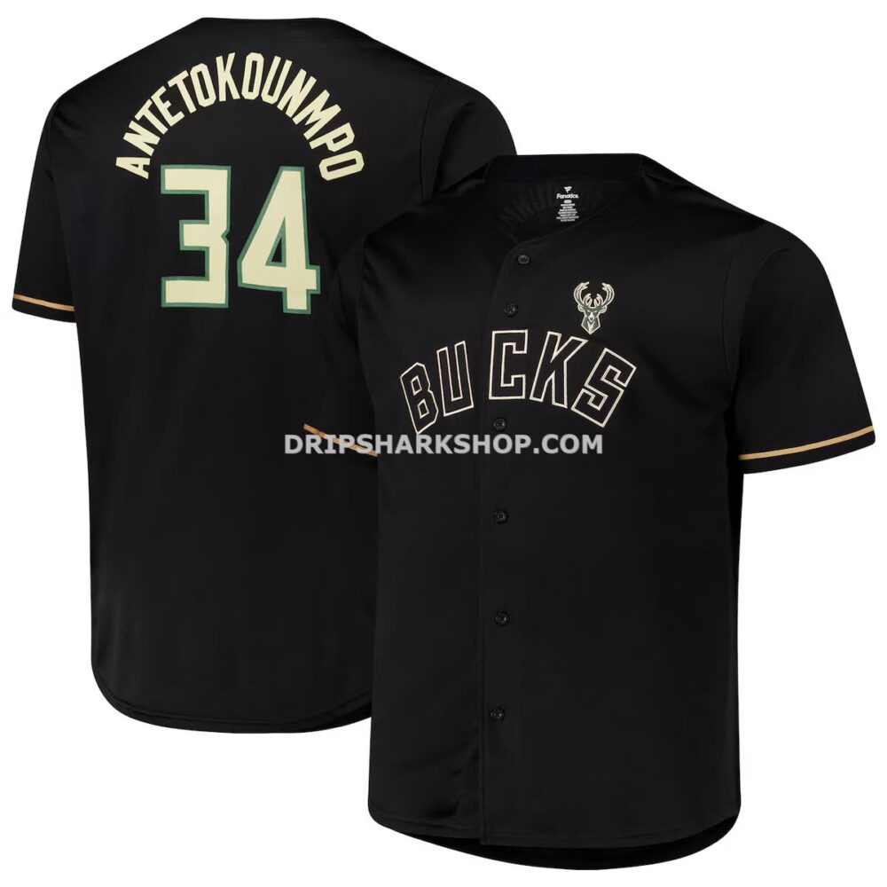 Mens Profile Giannis Antetokounmpo Black Milwaukee Bucks Big And Tall Name And Number Button Up Jersey