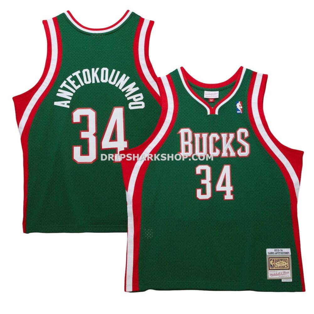 Mens Mitchell And Ness Giannis Antetokounmpo Hunter Green Milwaukee Bucks 2013 14 Hardwood Classics Swingman Jersey