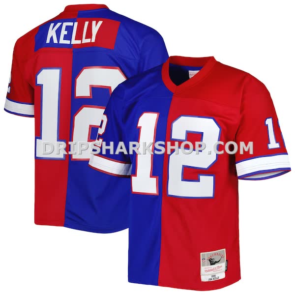 Mens Mitchell And Ness Jim Kelly Royal Red Buffalo Bills 1990 Split Legacy Replica Jersey Pi5003000