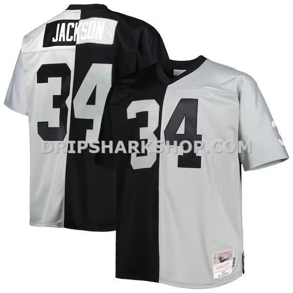 Mens Mitchell And Ness Bo Jackson Black Silver Las Vegas Raiders Big And Tall Split Legacy Retired Player Replica Jersey