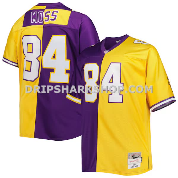 Mens Mitchell And Ness Randy Moss Purple Gold Minnesota Vikings Big And Tall Split Legacy Retired Player Replica Jersey