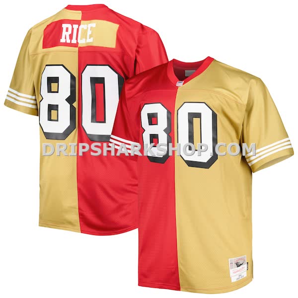 Mens Mitchell And Ness Jerry Rice Scarlet Gold San Francisco 49ers Big And Tall Split Legacy Retired Player Replica Jers