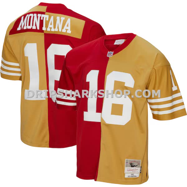 Mens Mitchell And Ness Joe Montana Scarlet Gold San Francisco 49ers 1990 Split Legacy Replica Jersey Pi5003000