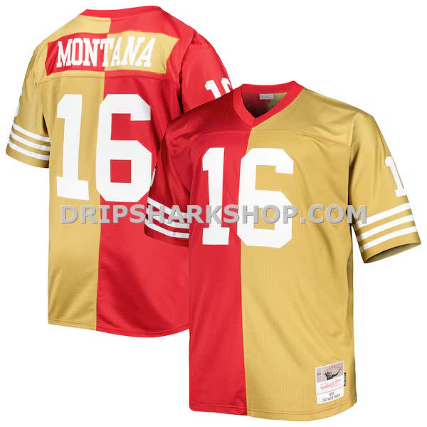 Mens Mitchell And Ness Joe Montana Scarlet Gold San Francisco 49ers Big And Tall Split Legacy Retired Player Replica Jer